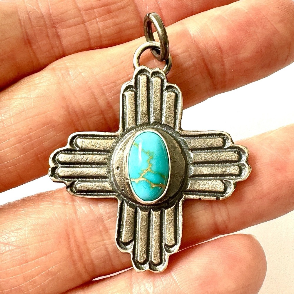 Navajo Zia Symbol Pendant Turquoise 1.75in NM Signed K Billah Sterling Native
